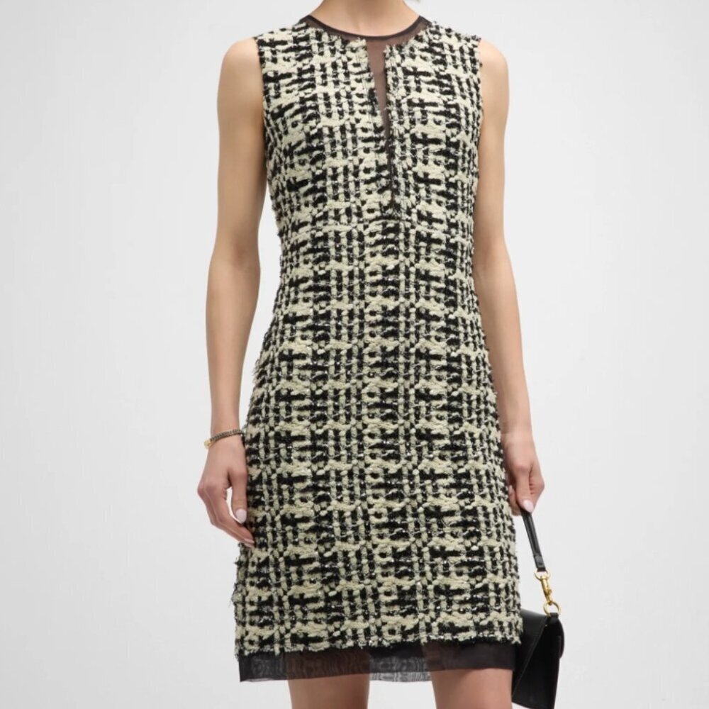 St. John Sleeveless Organza-Trim Metallic Slub Paillette Plaid Knit Dress